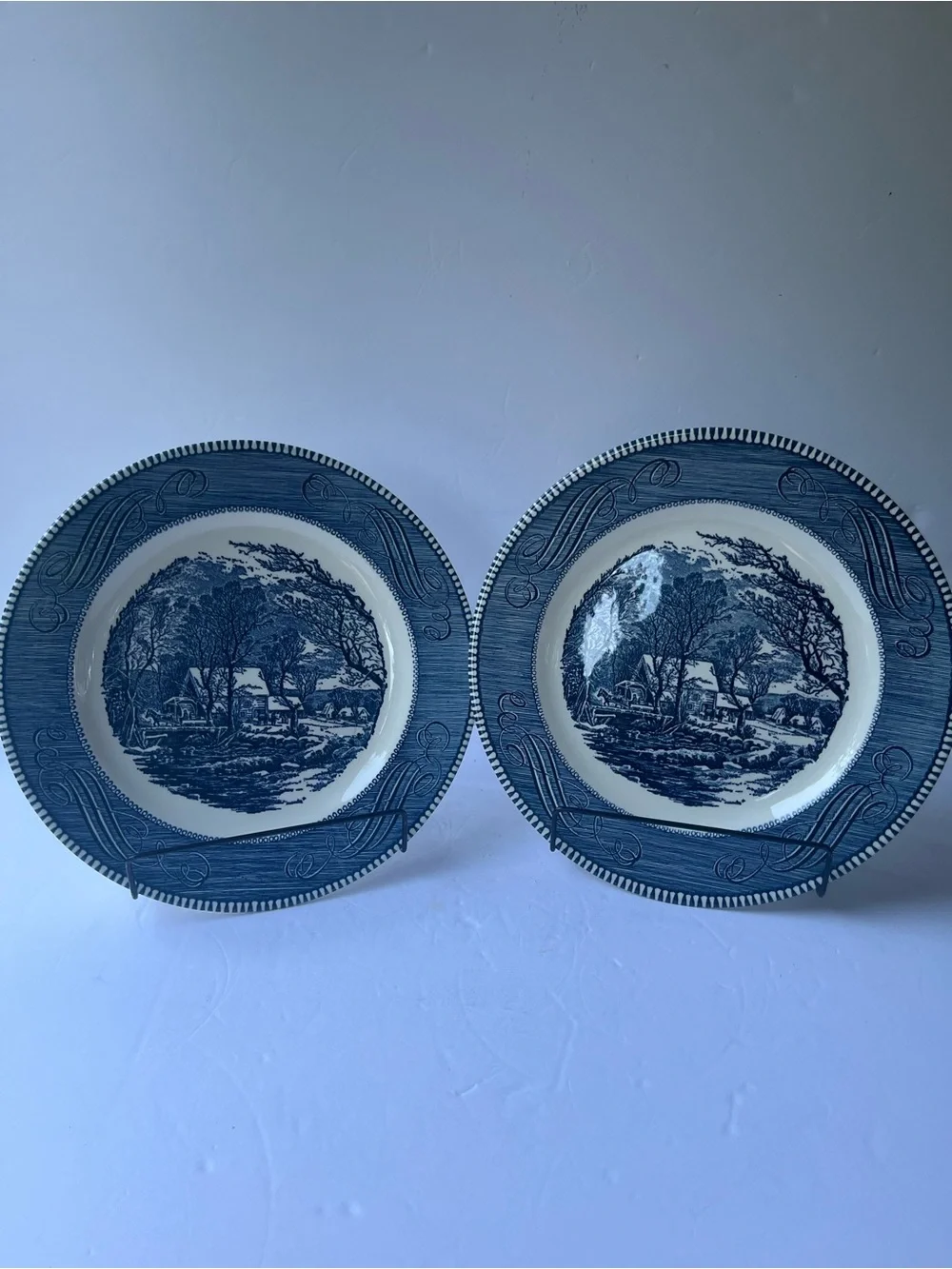 VTG Royal (2) Currier & Ives Blue Scroll Dinner PlatesThe Old Grist Mill USA